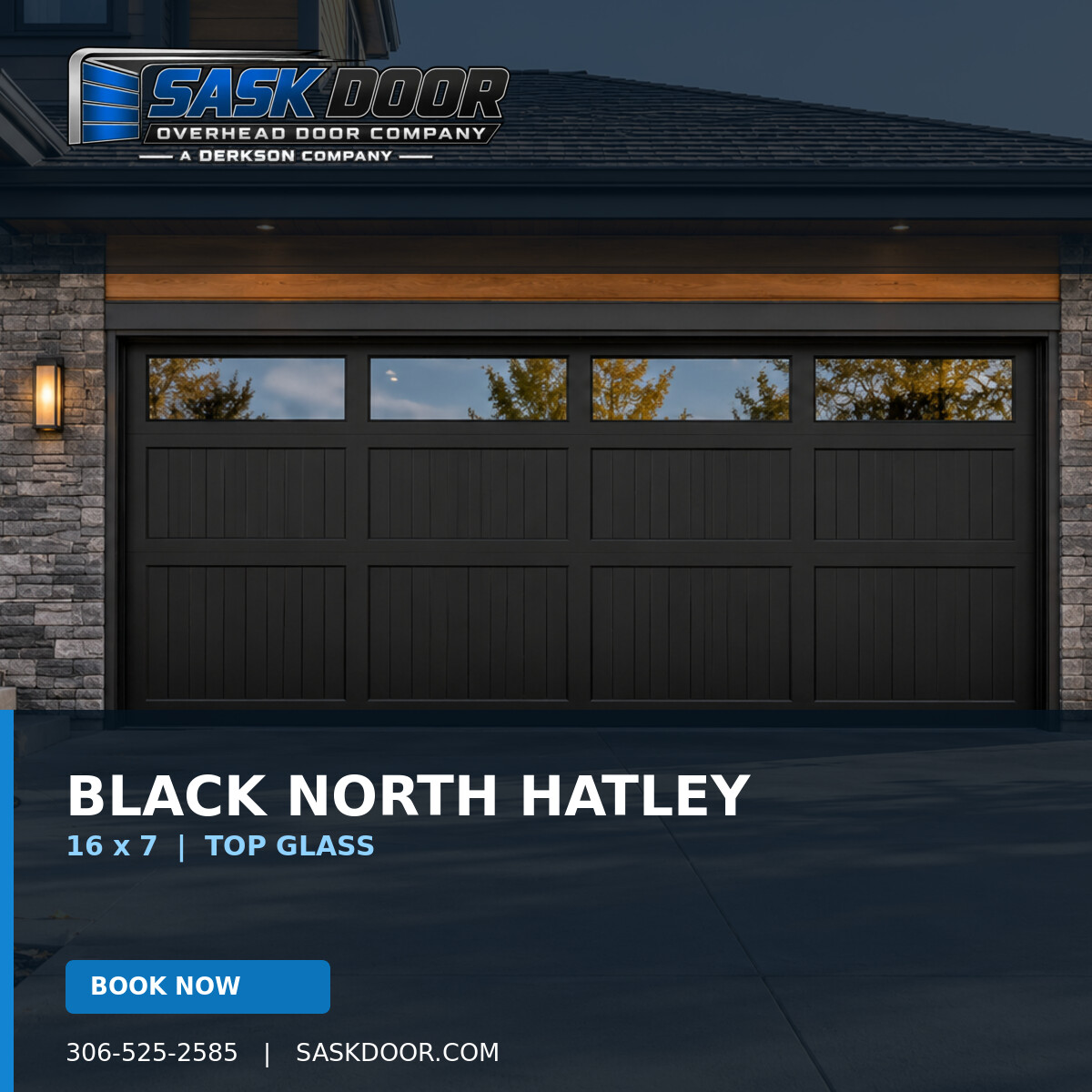 Black North Hatley 16 by 7 garage door with top glass