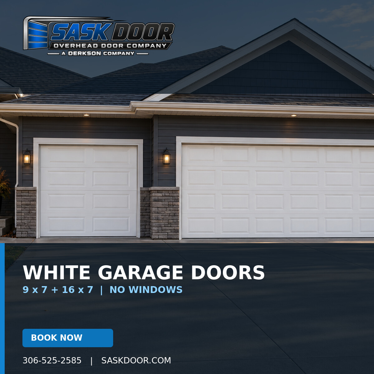 White 9 by 7 and 16 by 7 garage doors in the Sask Door fall program